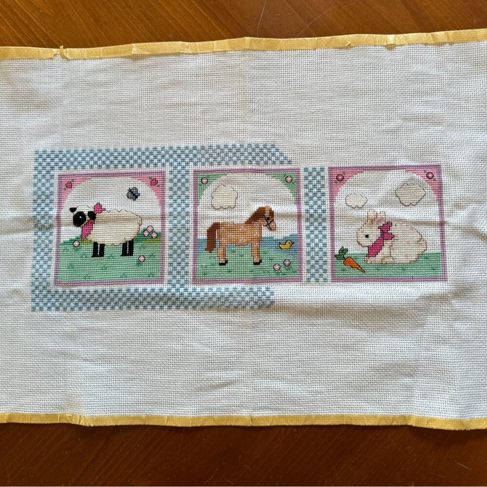 Vintage Cross Stitch Farm Animal Baby Nursery Decor Embroidered Sheep Horse